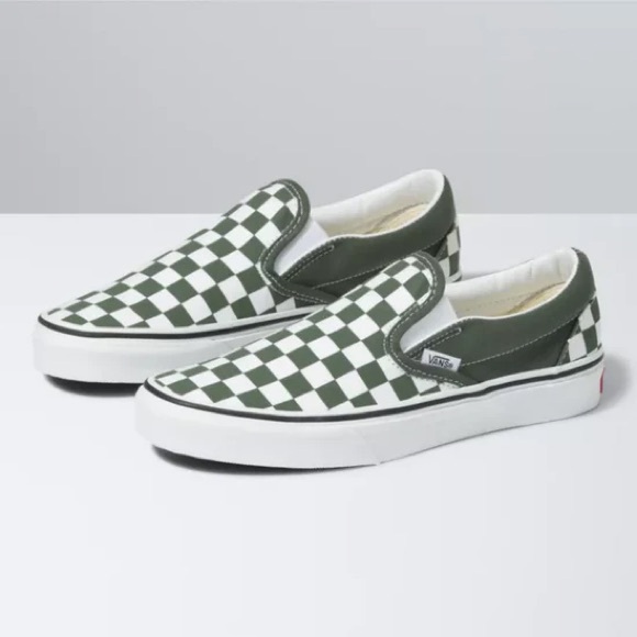 Vans Shoes - Vans Olive and White Checkered Slip-Ons